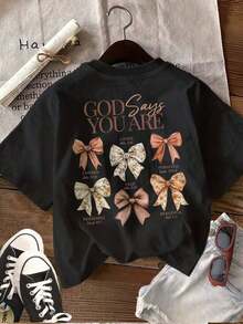 [Impresión a Doble Cara] Camiseta Casual de Verano para Mujer, Estilo Vintage, Lazo, Estampado Floral, Estampado "GOD SAYS YOU ARE", Cuello Redondo, Camiseta de Manga Corta de Algodón Puro [Ling K]-Estilo Retro Casual, Unisex, Camiseta de Manga Corta de Algodón Cómoda con Cuello Redondo - Negro - Ver 3
