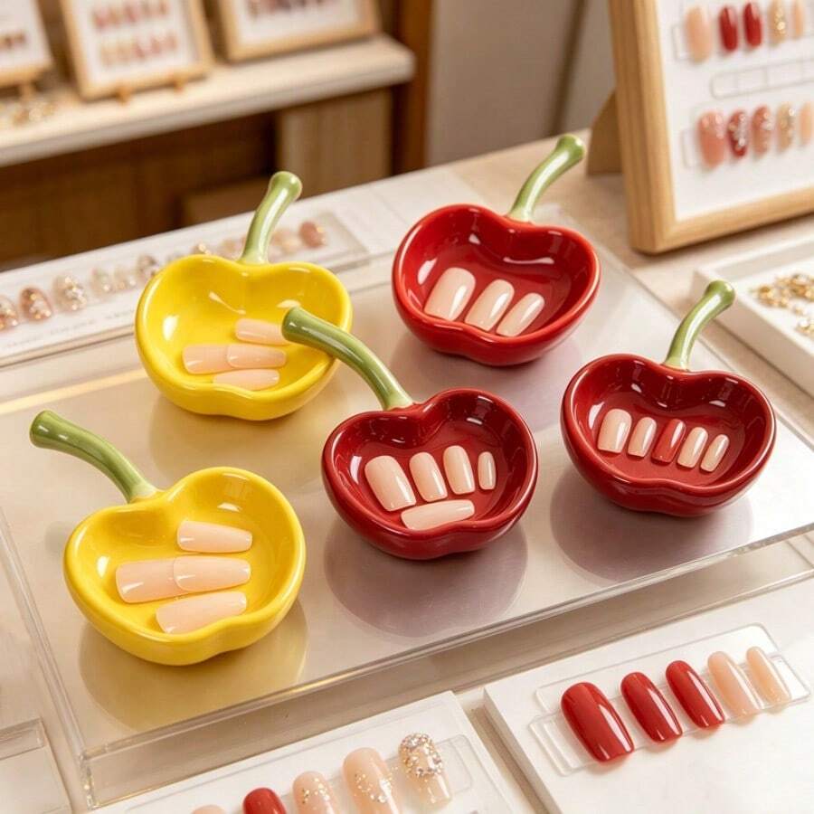 1pc Cute Apple & Cherry Shaped Nail Polish Palette With Nail Brush Holder 2-In-1, Graffiti Painting Watercolor Palette, Nail Diamond Tip Storage Box, Multi-Compartment Nail Brush & Pen Display Stand - Multicolor - View 1