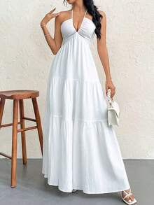 Vestido de gasa con cuello halter y espalda descubierta con nudo para mujeres, ideal para resort, boda y eventos - Blanco 2 - Ver 5