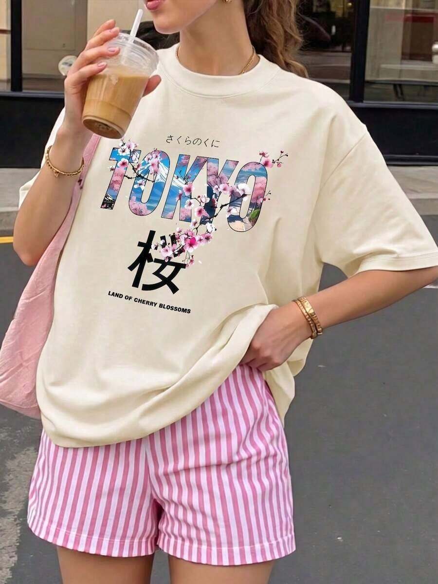 short-sleeveCamiseta de mujer estampada de manga corta para verano, tela de poliéster, estilo multifuncional, corte regular, peso 180 gramos, 1 unidad.100% Cotton - Albaricoque - Ver 1