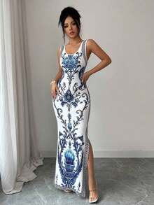 Exquisita bata de estilo retro de lujo con estampado de chinoiserie, cintura ceñida y abertura en el bajo, al estilo de Oriente Medio y los Emiratos Árabes Unidos - Multicolor 5 - Ver 4