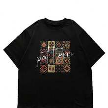 Camiseta de mujer versátil de estilo juvenil y casual, estampada, de manga corta, corte holgado, estilo europeo y americano, estilo Hong Kong, 100% algodón, vintage. - Negro - Ver 6