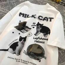 Camiseta de manga corta para mujer, de algodón puro, con diseño de gato al estilo americano, corte holgado, estilo para parejas, moderna y juvenil. - Blanco - Ver 10