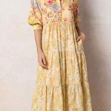 Women's Elegant Yellow Bali-Inspired Print Short Sleeve A-Line Maxi Dress, Women's Collared Single-Breasted Mid-Sleeve Shirt Dress With Pockets, Multi-Layered Design, Casual Bohemian Retro Style, Elegant Formal Party Dress, Women's Date Dress, Women's Clubwear Dress, Women's Summer Dress, Women's Honeymoon Outfit, Women's Wedding Guest Dress, Island Vacation Outfit, Women's Wedding Guest Dress, Women's Sunny Dress, Elegant Party Dress, Women's Birthday Dress - Azul - Ver 6