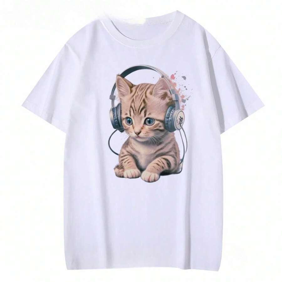 Camiseta de manga corta para mujer con estampado de gatito DJ, tejido de punto, corte regular, estilo casual, ideal para el día a día. - Blanco - Ver 1