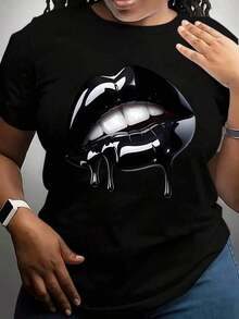 Camiseta de Mujer Talla Grande con Gráfico de Labios Negros Brillantes - Camiseta Casual Elegante con Labios Brillantes, Perfecta para Uso Diario y Conjuntos - Negro - Ver 8