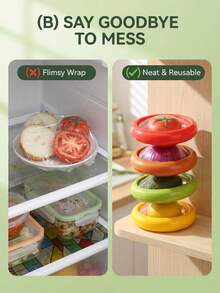 4/8pcs Clear Silicone Sealed Storage Box, Fruit Vegetable Saver With Lid For Onion Half, Reusable Fridge Container, Leak-Proof Food Preservation Box For Kitchen Refrigerator - Red + yellow + green + brown - 查看 3