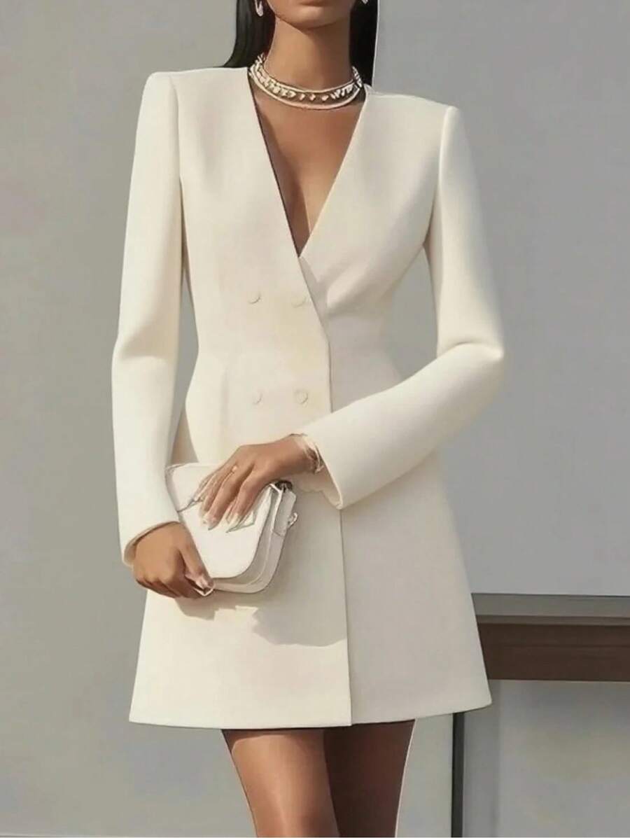 Women's Double Breasted V Neck Blazer Dress, Long Sleeve Solid Color, Elegant French Style Office & Party Dress - 杏色 - 查看 1