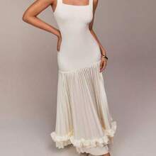 Sleeveless Square Neck Design, Knit Elastic Fabric Patchwork, Pleated Design, Ruffle Trim Detail, Extra Long Women's Dress, Suitable For Parties, Gatherings, Weddings, Spring Festival, Valentine's Day, Dates, Apricot Color, Summer Dress, Wedding Guest Dress, Romantic Dress - Albaricoque - Ver 1