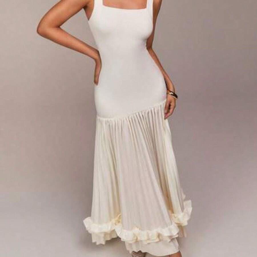Sleeveless Square Neck Design, Knit Elastic Fabric Patchwork, Pleated Design, Ruffle Trim Detail, Extra Long Women's Dress, Suitable For Parties, Gatherings, Weddings, Spring Festival, Valentine's Day, Dates, Apricot Color, Summer Dress, Wedding Guest Dress, Romantic Dress - Albaricoque - Ver 1