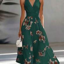AB Patchwork V-Neck Sleeveless Waist Cinched Elegant Midi Dress, Suitable For Work & Vacation - Verde Oscuro - Ver 1