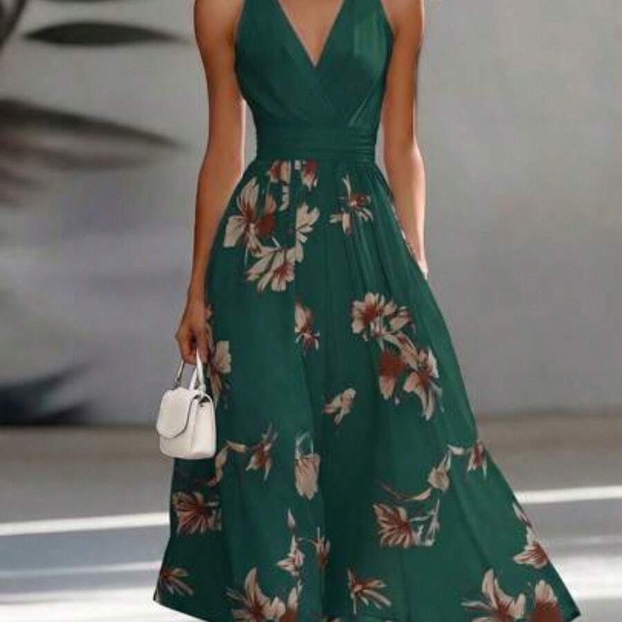 AB Patchwork V-Neck Sleeveless Waist Cinched Elegant Midi Dress, Suitable For Work & Vacation - Verde Oscuro - Ver 1