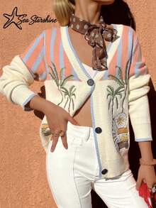 Women's Autumn/Winter Casual Beach Knit Cardigan With Embroidered Starfish, Palm Tree, Sun And Star Patterns, Ideal For Beach Vacation - Multicolor - View 6