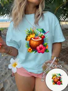 Camiseta de manga corta con cuello redondo para mujer, 100% lavable a máquina, fácil de cuidar, diseño casual con estampado de cóctel de coco de estilo tropical, colores brillantes llenos de energía veraniega, nueva colección de verano 2026 para viajes y uso diario - Camiseta unisex de algodón suelto de manga corta y cuello redondo estilo vintage urbano. - Negro - Ver 11