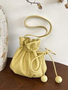 New Solid Color Drawstring Bucket Bag, Casual Cute Mini Shoulder Crossbody Bag - Yellow - View 10