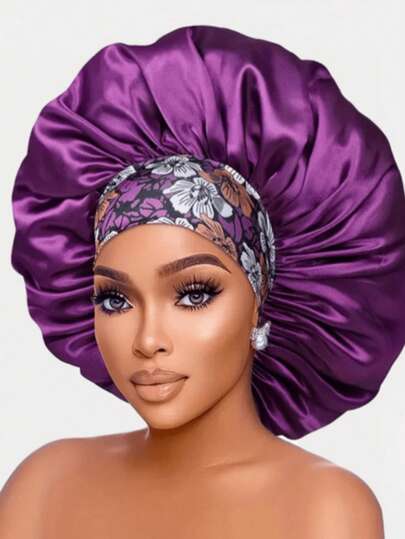 1pc Wide Brim Satin Bonnets For Sleeping, Hair Bonnets For Women Braids Curly Straight Hair, Hair Cap With Floral Pattern Wide Elastic Band