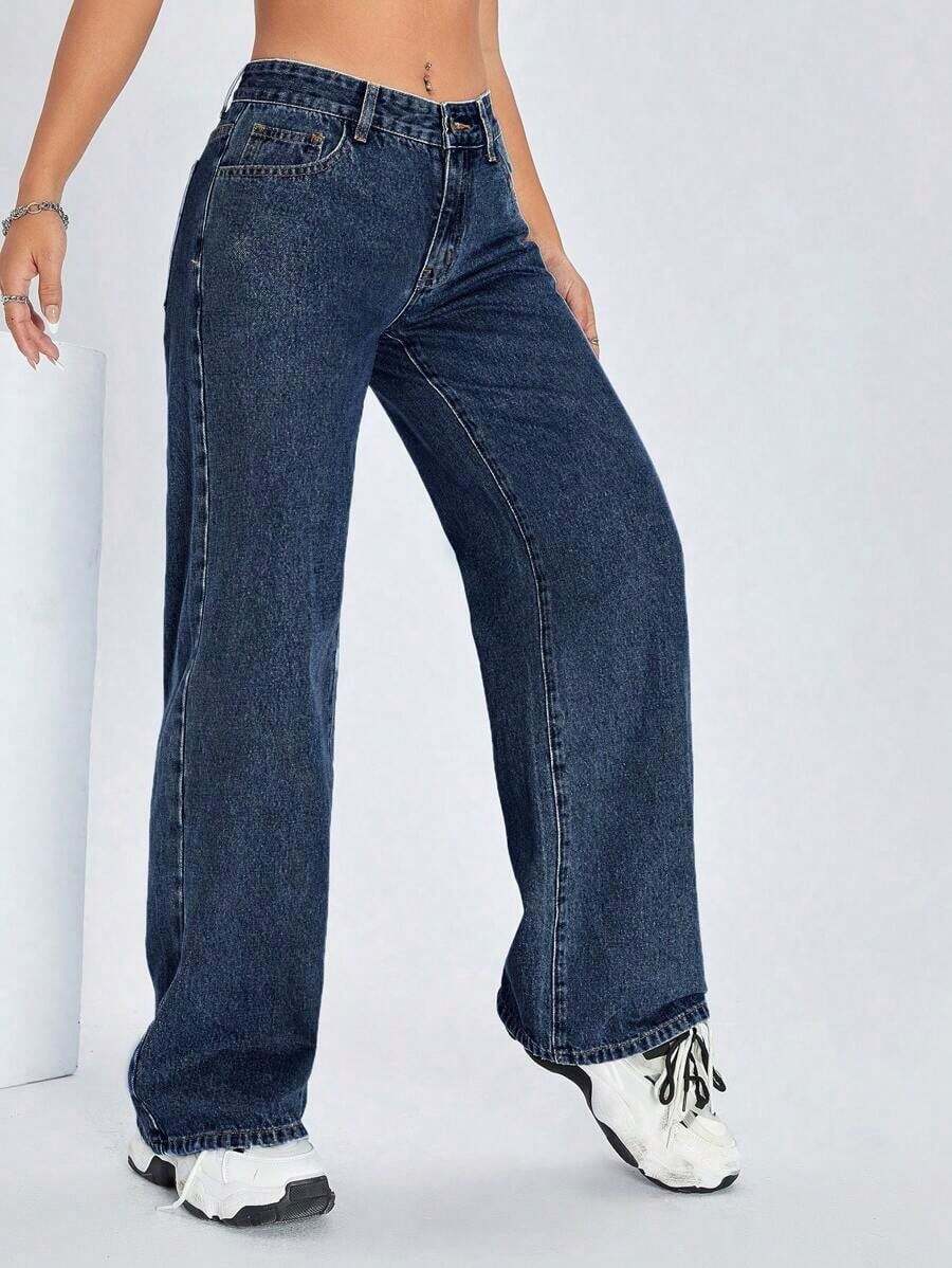 ICON Solid Color Wide Leg Pocket Jeans, Casual And Versatile - 深藍色 3 - 查看 1