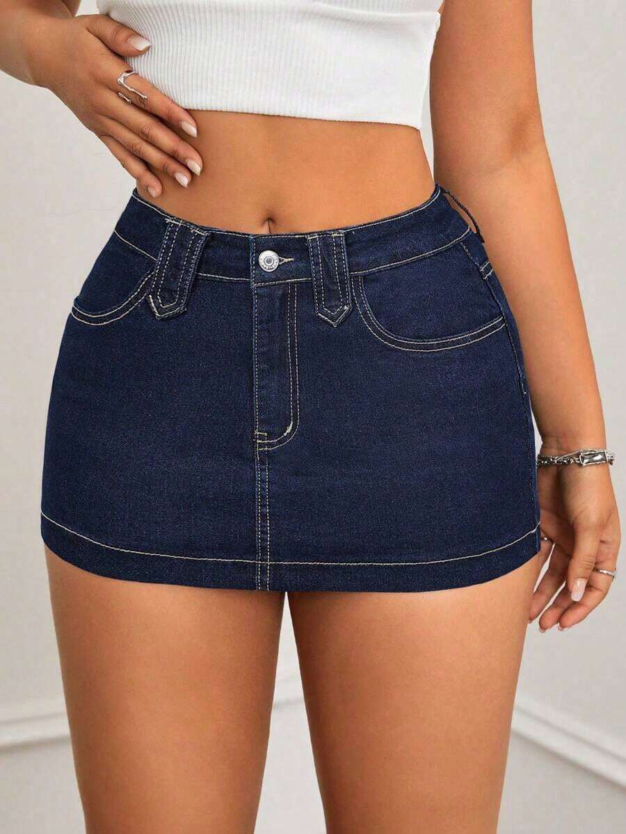 Minifalda de mezclilla ajustada y de tiro bajo lavada, con estilo callejero sexy para el verano - Azul lavado oscuro 3 - Ver 1