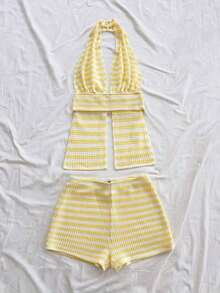 Conjunto de 2 piezas de top halter y shorts de moda para mujer de vacaciones - Amarillo - Ver 5