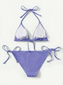 Women's Simple Solid Color Swim Bikini With A Halter Neck And Cutout, Suitable For Beach Vacations And Summer. - Blue - View 2