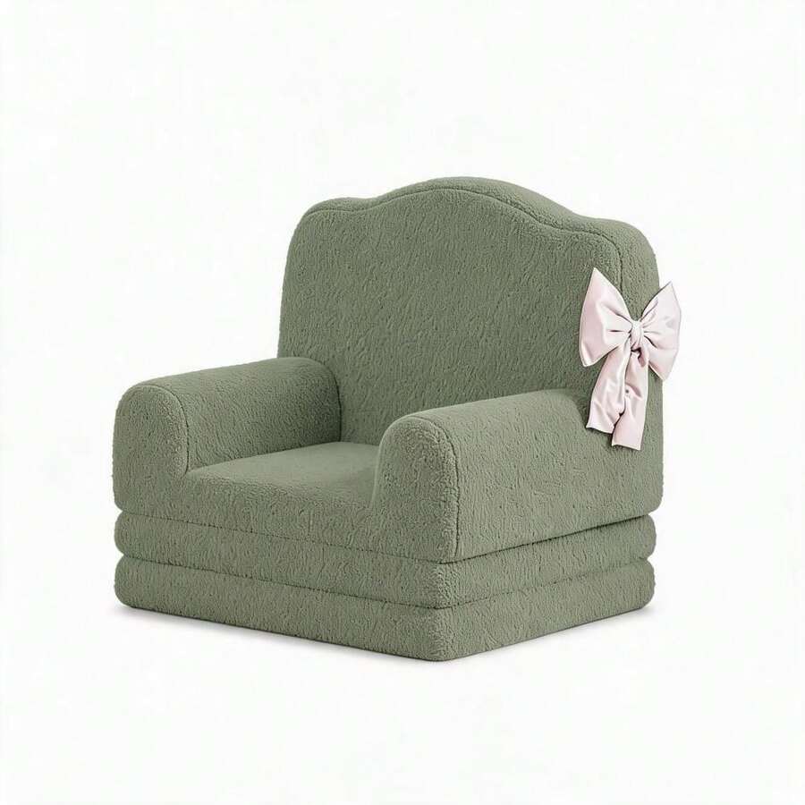 Sillón infantil convertible con diseño de corona – Sherpa suave y funda lavable – Silla cómoda y cama plegable para niños y niñas – Ideal para sala de juegos y guardería - Verde - Ver 1