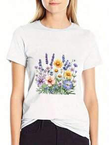 1 pieza de camiseta de manga corta para mujer, color blanco, lavanda, estampado floral y de margaritas, corte holgado, top casual con cuello redondo, tela nueva y pesada, blusa de temporada para jeans y vestidos (lavable a máquina), camisetas de manga corta para mujer, blusas y tops para mujer, blusas casuales para mujer, camisetas de verano de manga corta para mujer, blusa para mujer, camisetas para mujer, blusa floral para mujer, ropa de flores para mujer, tops de mujer con rosas, camisetas florales para mujer, tops de mujer y camisetas gráficas, camisetas gráficas para mujer, tops de verano, camiseta casual, conjuntos de vacaciones para mujer, diseño juvenil y moderno, camiseta gráfica, camisetas gráficas para mujer, tops de verano, camiseta casual, conjuntos de vacaciones para mujer, diseño juvenil y moderno, 180 g, 100% algodón. - Blanco - Ver 2