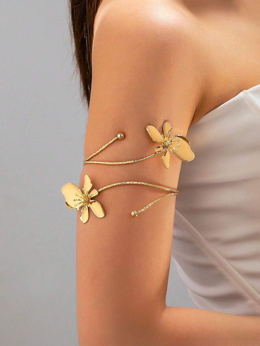 1 buah Gelang Bangle Terbuka Bunga Lima Kelopak Berwarna Putih & Oranye dengan Efek Tetesan Minyak Buatan yang Modis dan Elegan, Cocok untuk Pemakaian Sehari-hari dan Liburan, Pilihan Hadiah yang Sangat Baik (Kotak Hadiah Tidak Termasuk) - Yellow Gold - View 1