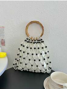 Nueva bolsa de mano tejida a mano con asa circular, cordón con cuentas, adecuada para vacaciones y playa - Multicolor - Ver 3
