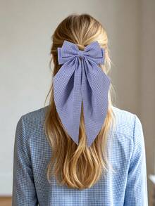 1 Stück blaue weiße Gingham-Schleife Haarclips für Mädchen, stoffliche mehrschichtige karierte Haarclips, modische frische Haaraccessoires als Mädchen Party Geschenke, Preppy Stil für Schule, Alltag, Picknick - Blau - Übersicht 2