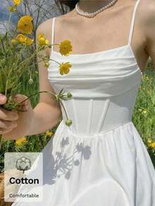 Elegante vestido de tirantes con fruncido en la cintura de color liso - Blanco 2 - Ver 2