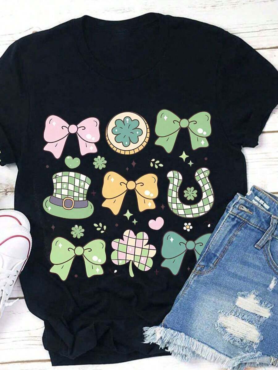 1 Teacher T-Shirt For St. Patrick's Day, Lucky Teacher T-Shirt, Shamrock Bow T-Shirt, Casual Crew Neck T-Shirt For Women, 210g 100% Cotton, Designs Are Printed. Unisex. - 黑色 - 查看 1