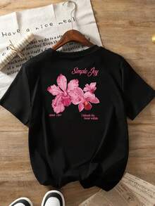 Women's Short-Sleeved Top With Front And Back Panels, Orchid Print On A Black Background, Round Neck, Casual Style - Women's Clothing, Comfortable Fit, Classic Design - 黑色 - 查看 3