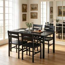 Modern Farmhouse Style 5-Piece Dining Room Table And Chairs Set, Rectangle Small Kitchen Table Set With 4 Chairs And Storage Rack, Particle Board Top And Metal Frame Dinette Set For 4, Space-Saving Design Bar Table Set - Đen/Đen - Xem 1