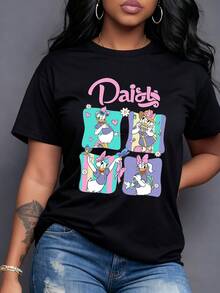 Patrón colorido con personaje de pato alegre mostrando diferentes emociones rodeado de corazones flores y notas musicales camiseta para mujer moderna y divertida - Negro - Ver 1