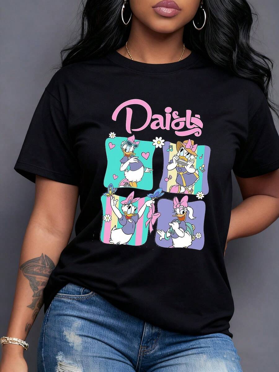 Patrón colorido con personaje de pato alegre mostrando diferentes emociones rodeado de corazones flores y notas musicales camiseta para mujer moderna y divertida - Negro - Ver 1