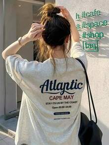 Women's Fashion Loose Casual Round Neck Letter Slogan Print Short Sleeve T-Shirt, Versatile For Summer - Light Gray - View 4