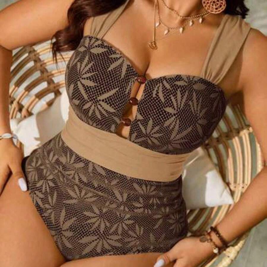 Swim Vcay Plus Size Women's One-Piece Vintage Palm Leaf Print High-End Swimsuit, Beach Resort Vacation Summer - Café integral - Ver 1