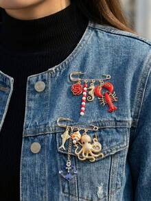1pc Fashionable Exaggerated Crayfish, Seahorse, Floral Brooch With Ocean Animal Elements, Versatile Waist Cincher Pin, Unisex Jewelry Gift For Daily, Party, Holiday, Vacation Decoration - Multicolor - View 3