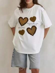 Camiseta de moda para mujeres de verano de manga corta camiseta de moda para mujeres ocio al aire libre 'letras y amor' estampado camiseta casual para mujeres con patrones relajados - Blanco - Ver 1