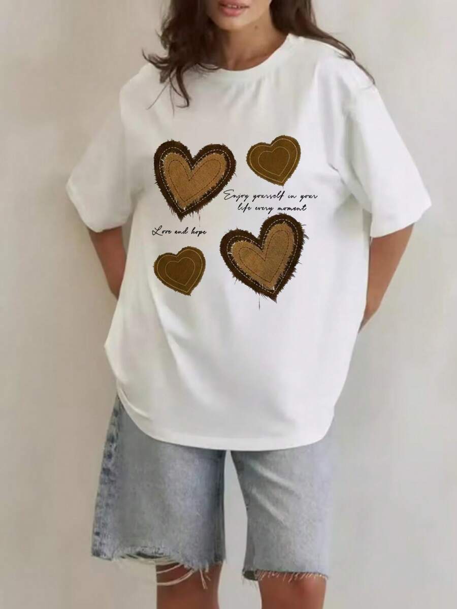 Camiseta de moda para mujeres de verano de manga corta camiseta de moda para mujeres ocio al aire libre 'letras y amor' estampado camiseta casual para mujeres con patrones relajados - Blanco - Ver 1