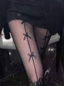 1件蝴蝶结装饰渔网袜，蝴蝶结细节渔网过膝袜，圣诞礼物，性感黑色镂空蝴蝶网眼连裤袜 - 彩色 - 查看 3
