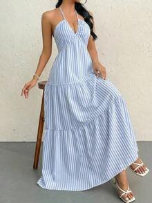 Vestido de gasa para mujer sin espalda con cuello halter y cola larga para vacaciones, bodas o festivales - Azul 3 - Ver 7