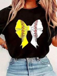Camiseta Coqueta de Béisbol y Sóftbol con Lazo, Regalo para el Día de la Madre, para Mamá y Mujeres, Manga Corta, Cuello Redondo, Estilo Casual para Verano y Primavera, Ropa de Mujer - Negro - Ver 6