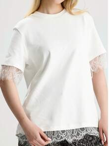 RoseArya Premium Cotton Lace Sleeve & Back T-Shirt - White - View 3