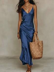 Women's Knit Sweater And Satin Slip Dress Two-Piece Set With - 深藍色套裝 - View 3