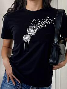 3 camisetas de mujer, estampado de diente de león, minimalistas y elegantes, corte holgado y relajado. |   Diseño exquisito |   Suelto y cómodo |   Fácil de combinar | - Negro - Ver 3