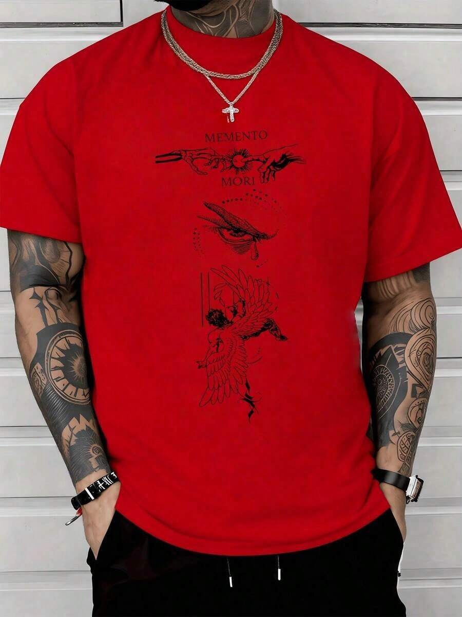 Hands Touching The Sun Symbol With The Message "Memento Mori" Accompanied By A Detailed Eye With A Feather And A Winged Angel Figure In Descending Flight, Conveying Reflection On Life And Mortality. Men's T-Shirt Made Of 100% High-Quality Cotton, 220g - 杏色 - 查看 1