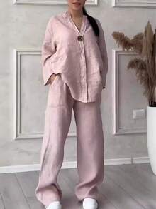 Casual Linen Co-Ord Set Ladies With Single Button Detail And Elastic Waist Trousers - Skin Powder - View 10
