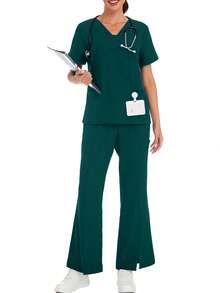 Solid Color V-Neck Short Sleeve Top And Split Leg Pants Lab Coat Nurse Scrub Uniform Scrub Uniform Set, Pet Hospital Clinic Work Scrub Uniform Set With Pockets Spring - Dark Green - View 3