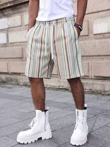 Shorts Casual Listrada de Estilo de Férias GRDR para Homens, Calça Confortável e Simples, Comprimento até o Joelho - Verde Menta - Visão 3